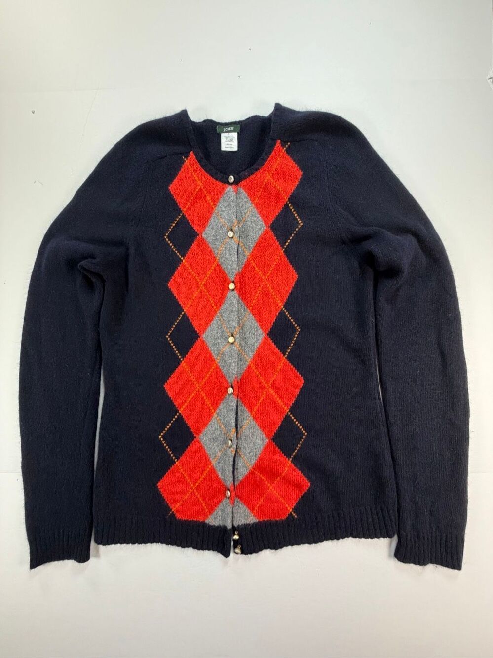 J.Crew Argyle Cardigan Sweater Large Merino Wool Angora Cashmere Navy Orange